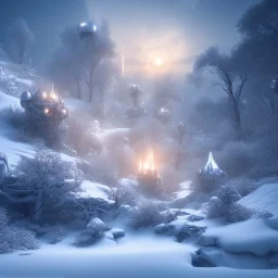 winter landscape, bells, ice, dreamy, science fiction