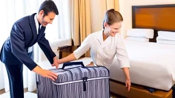 hotel employee rummaging through customer's suitcase