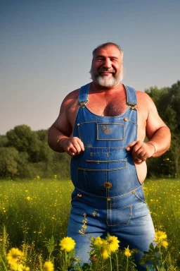 full figure shot photography, 35mm lens lens, a happy smiling muscular Sardinian shepherd burly chubby man 58 years old, talking lying down in the meadow near a little tree, ugly and dirty, bullneck, manly chest, in tank top and overalls, wild white beard, ambient occlusion, strong sunshine, emotive eyes, misery and poverty, side view