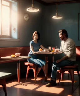 Realistic scene, man and woman sitting in cafeteria and having breakfast levitating, 0 gravity, Wes Anderson, soft color, highly detailed, unreal engine 5, ray tracing, RTX, lumen lighting, ultra detail, volumetric lighting, 3d, finely drawn, high definition, high resolution.