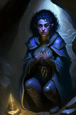 Dnd character on her knees in a dark cave. A female Moonelf twilight cleric with super curly, super short, dark blue hair and golden eyes. Wearing grey robes. Muscular, broad, beautiful.