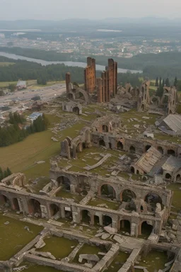 Destroyed City, medieval ruins, debris, stone, breched, brocken, Perspektiv from the sky,