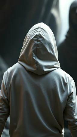 The creature from the the movie Prometheus with white hooded clothes rear view looking to you