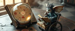 map of labyrinth contained in a glass ball with elemental sigils and symbols on a table beside a book called Rotten Riddles of a Forgotten Age with weird illustrations, being read by an fluffy imp gremlin druid librarian in a cyber punk wheel chair