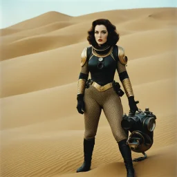 Dune movie by Russ Meyer, psychedelic tattooed Kat Dennings in technical Stillsuits with tubes and binoculars: she is lost in the dunes, vintage 1970's photo