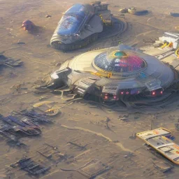 spaceport in the desert for hot air baloons with gas stations lots of gas stations and shipwrecks sailship wrecks and cargo churches and containers with fleemarkets and scavengers lots of logos and advertisement spaceshuttels in icebergs oasis desert sahara with rooftop lounges and casino