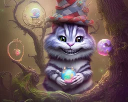 cheshire cat in a tree, leaning on a branch, wide grin, glowing eyes, blue and grey, talking to alice, alice in wonderland, signpost pointing in different directions, orbs of light, tea pot, teacup, film still