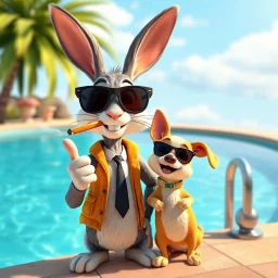A rabbit and his small dog smoking a cigar standing near a swimming pool and wearing a sunglasses and making a thumb up hand sign in 3d pixar look picture