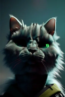 scary cat, long fur, soft, cute, black, Cyberpunk, city