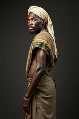 Traditional African man , full body side view, looking at the viewer, , traditional si, studio photograph, very aesthetic, highly detailed, brilliant composition, hyper realistic, photorealistic, subsurface scattering matt painting