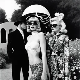 [art by Helmut newton and David Hockney] false east, nightmare embrace, pulp sci-fi, retro, dark sci-fi, hippie aesthetic, flower power, trippy colors, tarot, macabre, pin-up girls