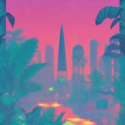 tropical city, latino, plants, streets, risograph poster, flat design, 2 colors