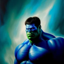 Ultra detailed fullbody Portrait in oil on canvas of Blue Hulk, extremely detailed digital painting, extremely detailed face,crystal clear Big Glowing eyes, mystical colors ,perfectly centered image, perfect composition, rim light, beautiful lighting, 8k, stunning scene, raytracing, anatomically correct, in the style of robert e howard and Ken Kelley and Ohrai Noriyoshi and Simon Bisley and tomzj1