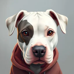 painting of a white large head pit-bull with gray around "right" eye a collar and a collar around its neck, adorable digital painting, painting of cute dog, “portrait of a cartoon animal, digital cartoon painting art, cartoon digital painting, cute detailed digital art, huge-eyed, cute dog, high quality portrait, digital painting highly detailed, cute digital art, digital art animal photo, anthropomorphic dog wearing a hoodie