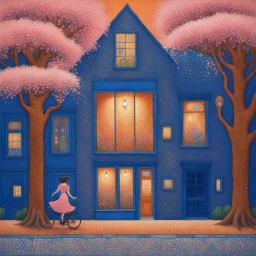 🔥 PROMPT: A pointillist painting in Klimt’s style depicting a dreamy street scene. A textured blue house with three windows stands as the focal point, its facade shimmering with intricate dots. A tree with twisting branches and pink blossoms extends overhead, blending with golden-hued foliage. A woman in an orange top and deep blue skirt walks beside her bicycle, lost in thought. Klimt-inspired patterns, stippled details, and a harmonious palette of blues, golds, and pinks create a luminous, no
