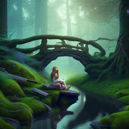 poet with lute, moon elf sleeping on rock under wooden bridge in magical forest, spray painting, foliage frame, fantasy art , movie poster, Realistic photography, incredibly detailed, ultra high resolution, 8k, complex 3d render, cinema 4d, color corrected