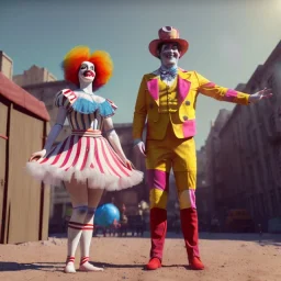 Ultra realistic circus scene. clown sweet woman, waist up view, Wes Anderson style, happy, highly detailed, concept art, unreal engine 5, god rays, ray tracing, RTX, lumen lighting, ultra detail, volumetric lighting, 3d, finely drawn, high definition, high resolution.