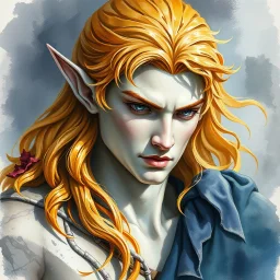 fantasy, dramatic portrait, marble statue of an elf male, marble skin, watercolour, golden hair, warrior, mighty, righteous