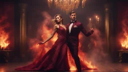 Hyper Realistic handsome muscular guy in flame-patterned-maroon-tuxedo & a beautiful girl in classy-maroon-gown-with-golden-lace dancing in Dark-Room-with-embers.