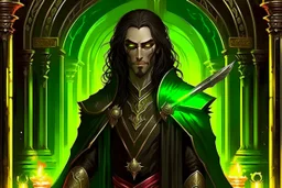 full length, mantle, background dark hall with columns, black with, holding a spear in his hand, dark green eyes, the character is not too close to the camera