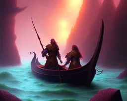 sango fantasy, fantasy magic, intricate, sharp focus, illustration, highly detailed, digital painting, concept art, matte, Greek mythology Charon ferryman in boat on river styx, sharp jagged rocks, red purple blue colours, red hot lava river