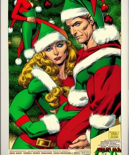 two elves. woman and man. Christmas scene. poster. marvel comic. low-key