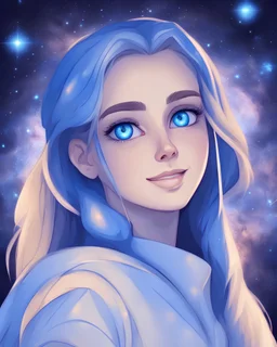 Human galaxy, beautifull blue eyes, pretty smile,transparent profile, cosmic starry sky wallpaper, UFO