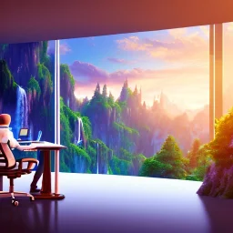 desk, parquet, sheet of paper, little pen, person seat on chair in white shirt in front of a huge picture window with large view on a waterfall with warm light, sunset ,pixar style, panorama, nature, globe, HD, Hallelujah mountains