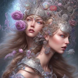 fantasy magic, intricate, sharp focus, illustration, highly detailed, digital painting, concept art, artgerm and paul lewin and kehinde wiley, masterpiece sexy lips with a smile Celtic lady body flowers head silver bright rain lady outer space pretty, pink blue