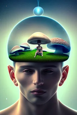 real human with mushroom head, meditating, universe, symmetry,