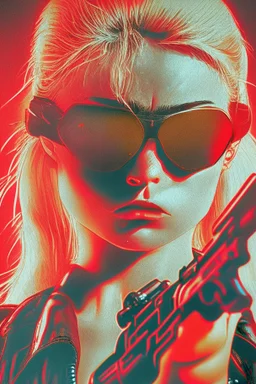 Photo of a beautiful blonde female Terminator, with dark sun glasses, bright red eye, holding a gun upwards, up close, Hollywood movie poster vibes, night time, high contrast dark moody lighting.