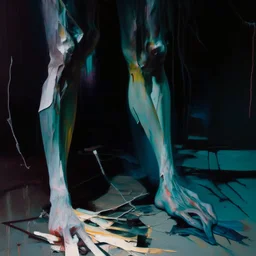 Minimal abstract oil paintings close up person limbs sinew and concrete fragments illuminated at night style of Justin Mortimer