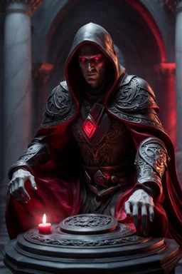 highly detailed marble and ruby sculpture of a male necromancer, beautiful hands, stunning face, volumetric fog, Hyperrealism, breathtaking, ultra realistic, unreal engine, ultra detailed, cyber background, Hyperrealism, cinematic lighting, highly detailed, breathtaking, stunning environment