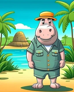 hippo as tourist guide wearing tourist guide uniform, safari landscapebackground, colorful, high quality, high details, realistic