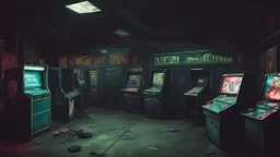 desolate dark arcade, many arcade cabinets, horror, no humans