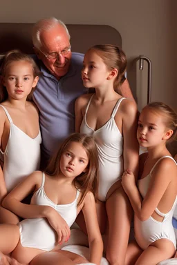 three young girls with grandpa playing in swimsuit. in a bed. realistic. detailed. close. in a bedroom