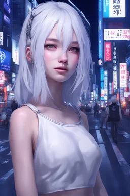 1girl,(8k, RAW photo, best quality, masterpiece:1.3),(realistic,photo-realistic:1.37),(night),(looking at viewer:1.331),(white hair),posing,Tokyo street,nightcityscape, , cyberpunk city,soft light,1girl,extremely beautiful face,bust,put down hands,Random hairstyle,Random expression,big eyes, ,lower abdomen,(short-sleeved JK_shirt),JK_style,(dark blue JK_skirt) ,(bow JK_tie),,mix4, an extremely delicate and beautiful girl, depth of field, blurry background, blurry foreground,, delicate, beautifu