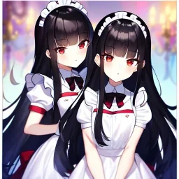 Clear focus, 8k, beautiful lighting, vibrant colors, girl, black hair, long hair, red eyes, messy hair, loli, maid, twins,