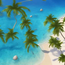 9. Generate an image of a sun-soaked beach with palm trees and crystal-clear water