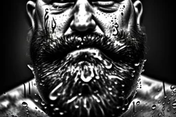 close up photography, dirty burly chubby Italian strong 48 years old homeless man, full of splashing milk in the face dripping on the beard, with dirty tank top, emotional eyes, manly chest, photo, Canon EOS, lens 35mm, natural lights, 8K, in the morning