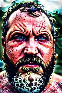 close up photography, dirty burly chubby Italian strong 48 years old homeless man, full of splashing milk in the face dripping on the beard, with dirty tank top, emotional eyes, manly chest, photo, Canon EOS, lens 35mm, natural lights, 8K, in the morning