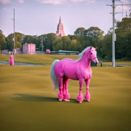 a big man sits on a pink horse