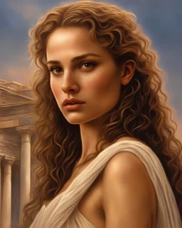 Closeup of young Actress Natalie Portman as Aphrodite at age 28 with gorgeous long curly hair and brown-hazel eyes, no mistakes, flawless painting, beautiful art, Greek Ruins in the Background, sexy body, wearing a Roman Toga of sheer tulle, realistic, hyper-realistic, life-like; by Ricardo Chavez-Mendez; Deep Colors; 8K