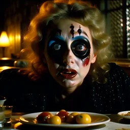 Spooky, ultra realistic distress, dining, ultra realistic hot woman, nose, giant eye on a table, organic hot bondes, dynamic, anguish, excited and lively scene, hypermaximalist figures, Creepy the Ring Alfred Hitchcock, Sam Raimi, insanely detailed, sinister, John Carpenter, Dario Argento, ornate