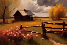 Prairie, fence, flowers, spring trees, cabin, sunny day, clouds, lesser ury impressionism painting