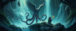 octopus bird witch bear by waterfall looks beyond really powerful, fantasy illustration