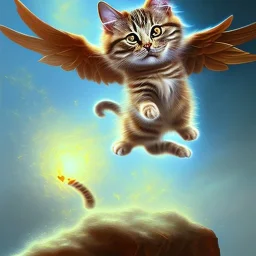 A flying cat with wings oil painting.