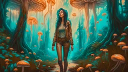 woman with black hair in a ponytail, in light brown leather trousers and jacket, walking through a forest of floating alien mushrooms with jellyfish tentacles, rampant foliage, and vines, next to a lake, photorealistic, Deep Colour, Intricate Detail