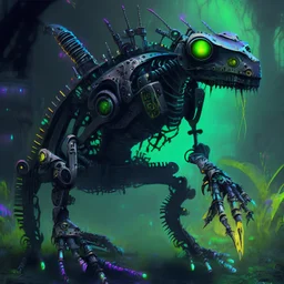 steam punk neon black gecko mech robot in graveyard