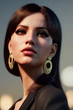 Young business woman, dark orange eyes, dark brown hair, elegant hair, gold hoop earrings, waist up portrait, 8k resolution, intricate details, ornate details, soft lighting, vibrant colors, retroanime, masterpiece, realistic, intricate eyeliner, dark eyeshadow, eyes,futuristic cityscape background